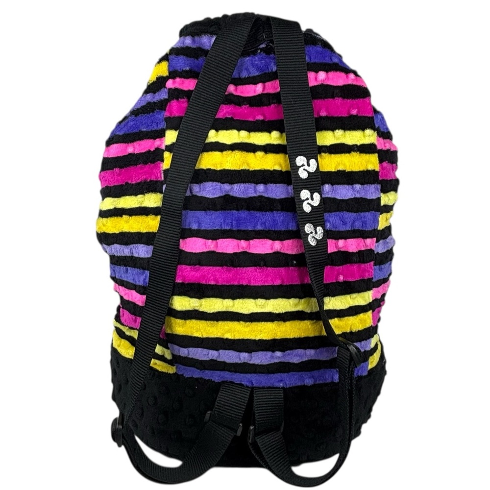 Triple Flip Black Pink Yellow Purple Striped Minky Dot Soft Plush Backpack